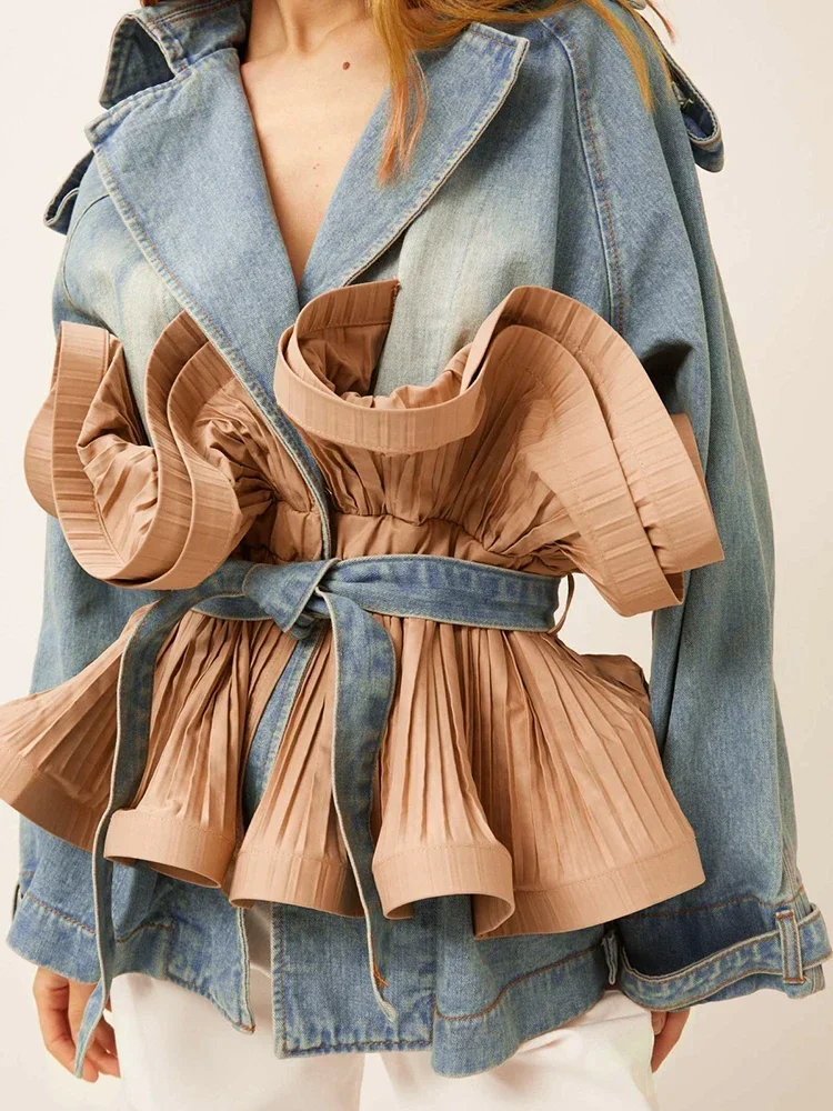 

Куртка женская джинсовая с отложным воротником, свободная повседневная с длинными рукавами и оборками, в стиле пэчворк, с цветными блоками