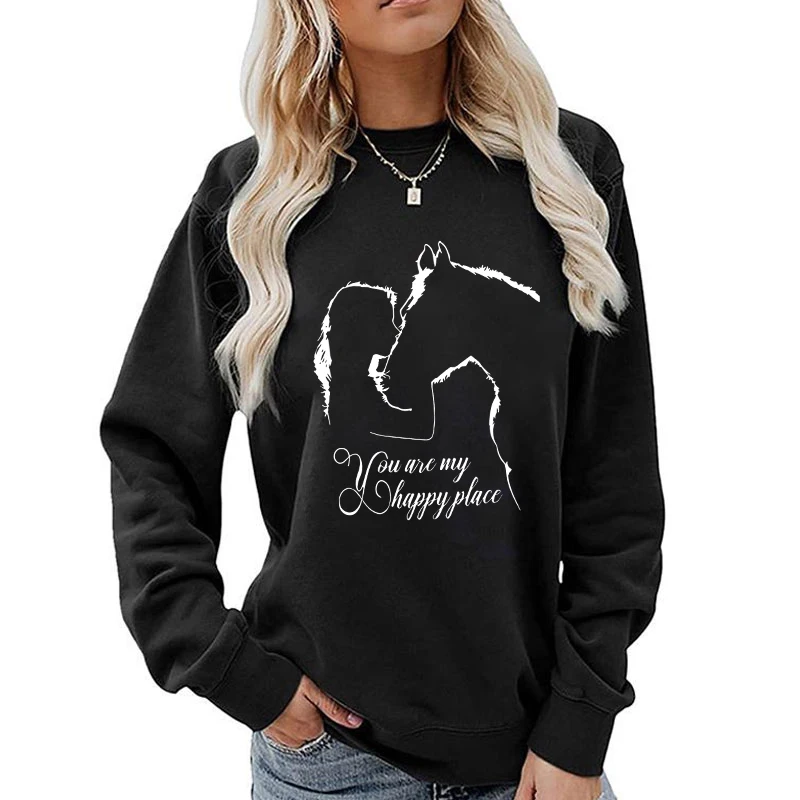 

Funny Horse And Girl You Are My Happy Place Print Sweatshirt Autumn Winter Fleece Long Sleeves Pullover For Women Round Neck