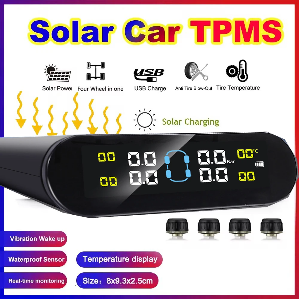 TPMS Car Tire Pressure Alarm Monitor System Automatic Brightness Control Wireless Solar Power 4 Sensors Decoration Accessories