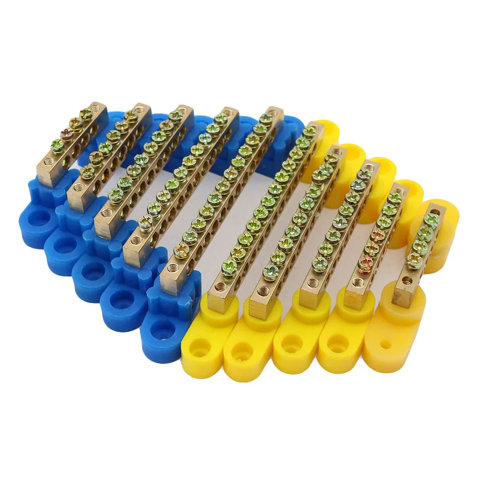 Blue yellow Bridge Design Zero Line 4-12 Pole Screw Brass Copper Grounding Strip Terminal Block Connector Earth And Neutral