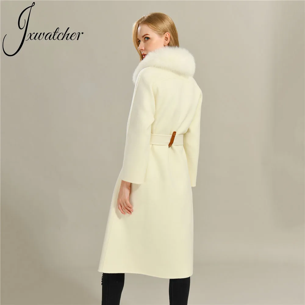 Women's Cashmere Coat Real Fox Fur Collar Ladies Long Wool Trench Coat Female Winter Elegant Solid Outerwear 2021 New Arrival