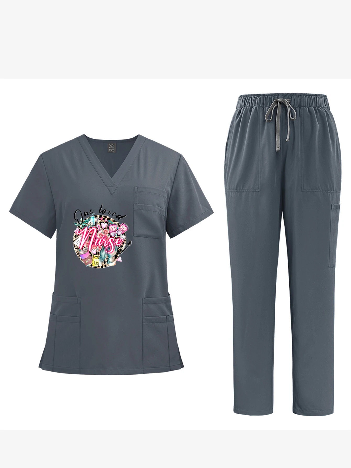 Op maat gemaakte gezondheidszorgkleding: unisex verpleegstersoverall met V-hals |   Desinfectiebestendige exclusieve printwerkkleding voor verzorgen en spa