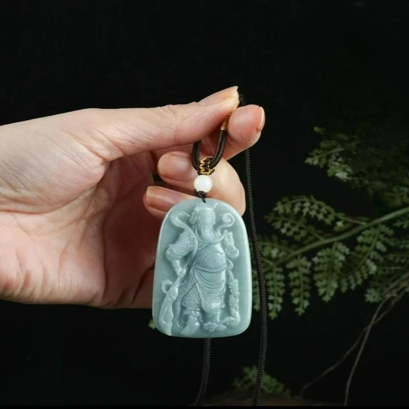 

High-quality Natural Jade Blue Water Exquisite Carving Wu Cai God GuanGong Necklace Pendant Men's Domineering Amulet Gift