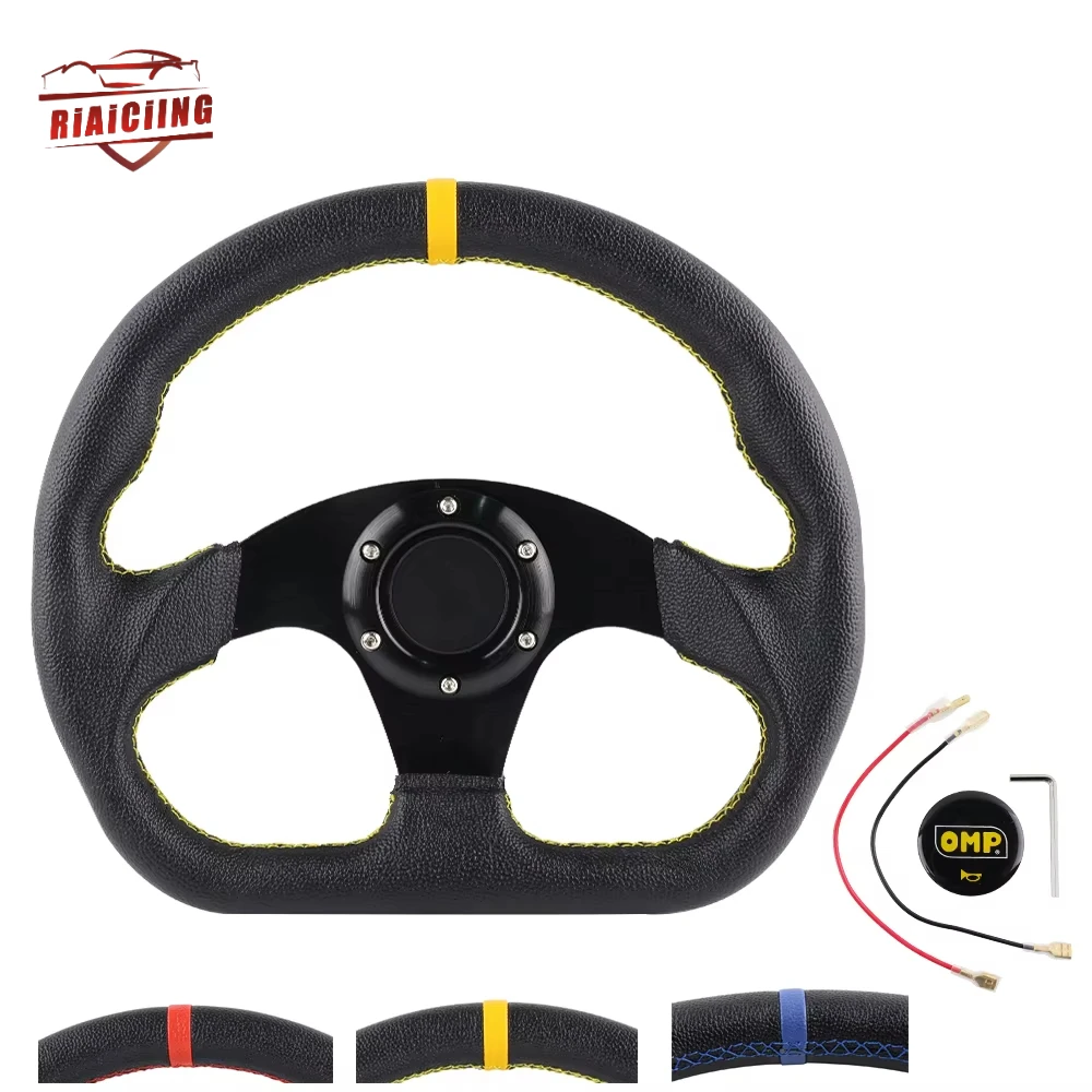 Universal 6 Holes 13''  320mm Leather Flat Drift Racing Steering Wheel D Shape Horn Button Auto Interior Accessories