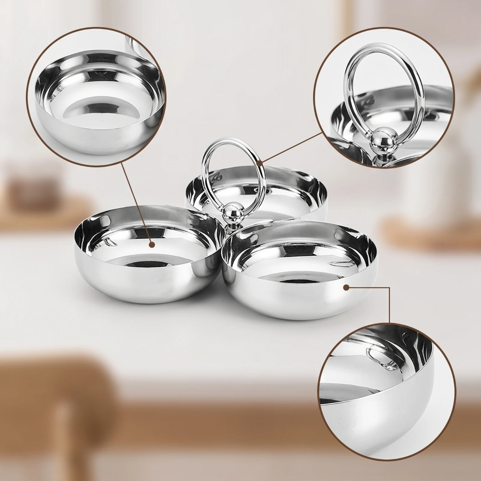 Snack Dish with Carrying Handle Stainless Steel Three Compartment Bowl 3-in-1 Snack Plate Mirror Polished Dishware Food-Grade