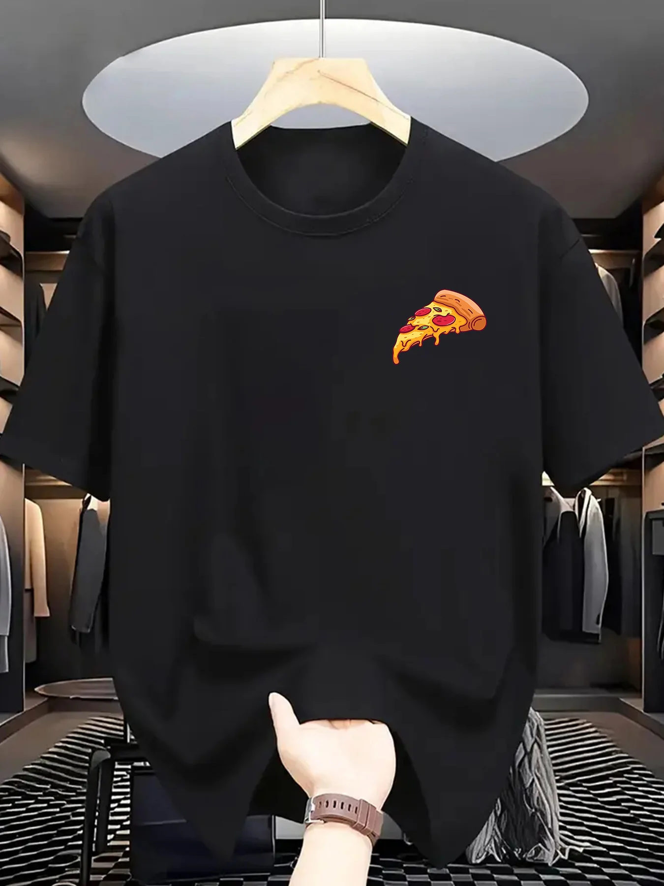 

Men's Casual Pizza Slice Graphic T-Shirt Left Chest Print Comfortable Cotton Tee Round Neck Summer Top for Pizza Fans