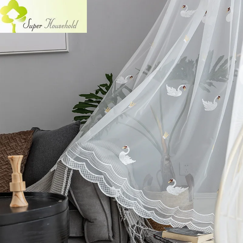 Pastoral Mesh Fabric Swan Embroidered Tulle Curtains for Girl Kids Bedroom Living Room White Sheer Window Screens Kitchen