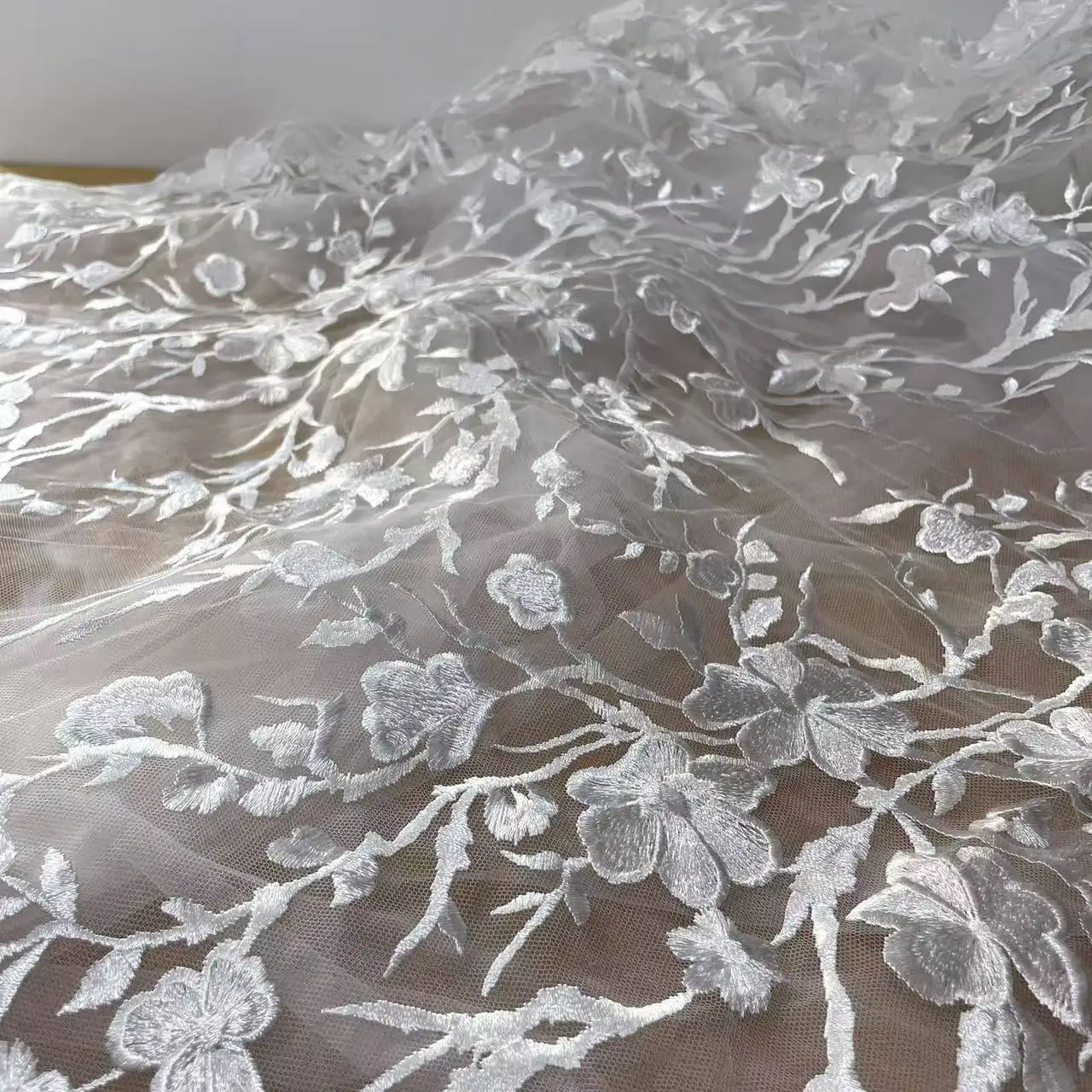 Embroidered Flower Twig Dress Lace Mesh Fabric,off white, RS2562