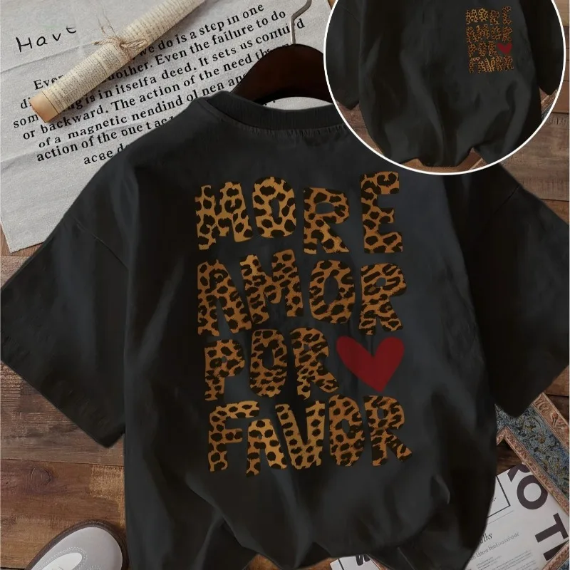 More Amor Por Favor T Shirt Funny Leopard Heart Graphic Spanish Quote Unisex Harajuku Streetwear Loose Summer Short Sleeve Tops