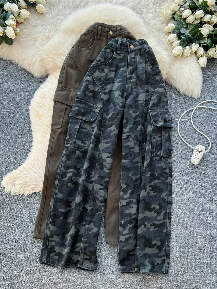 

American Retro Camouflage Wide Leg Workwear Jeans Women's High Waist Loose Straight Leg Pants Casual Slimming Spring Summer N...