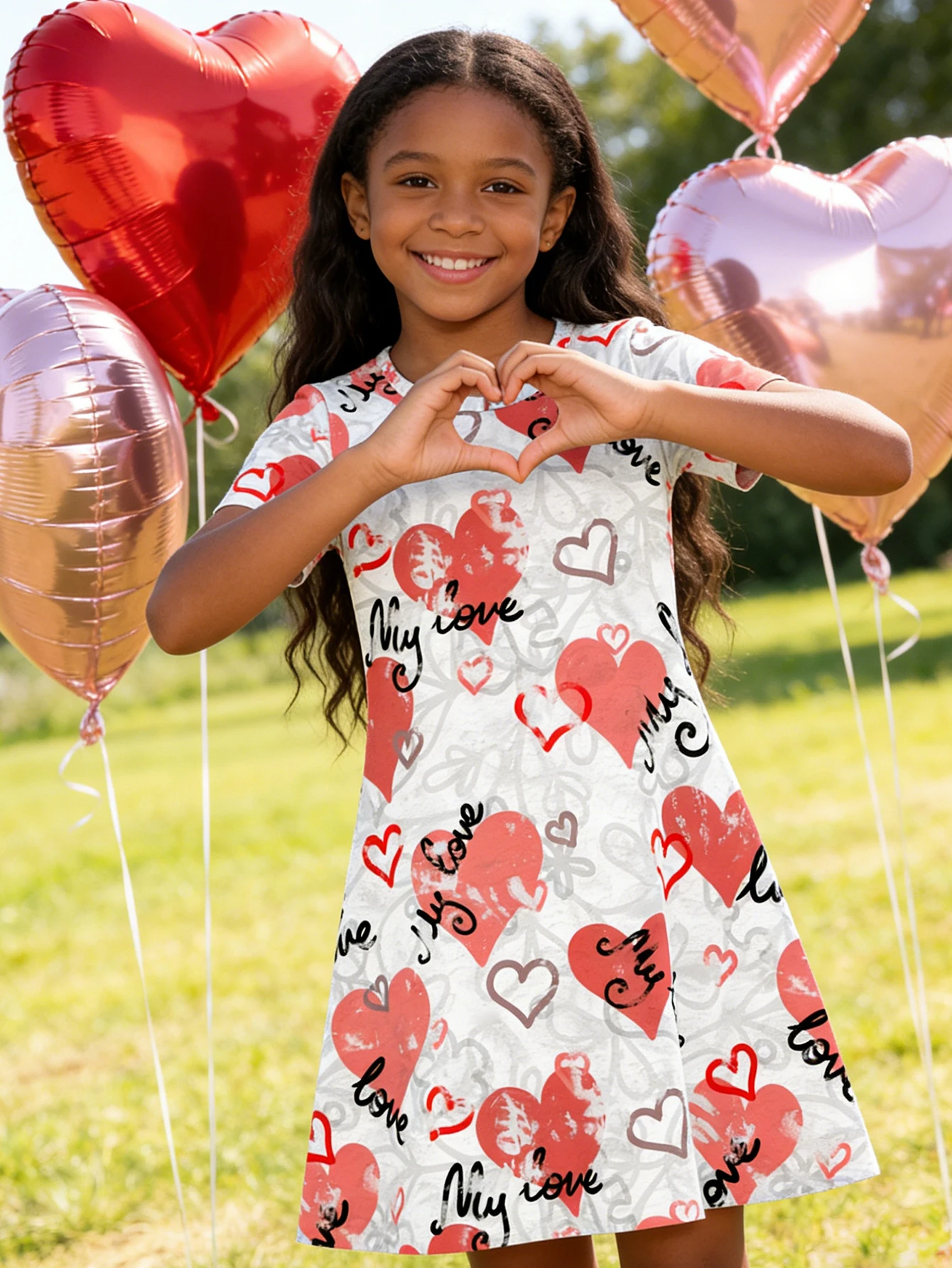 

2026 Children's Love Printed Summer Short Sleeve Dress