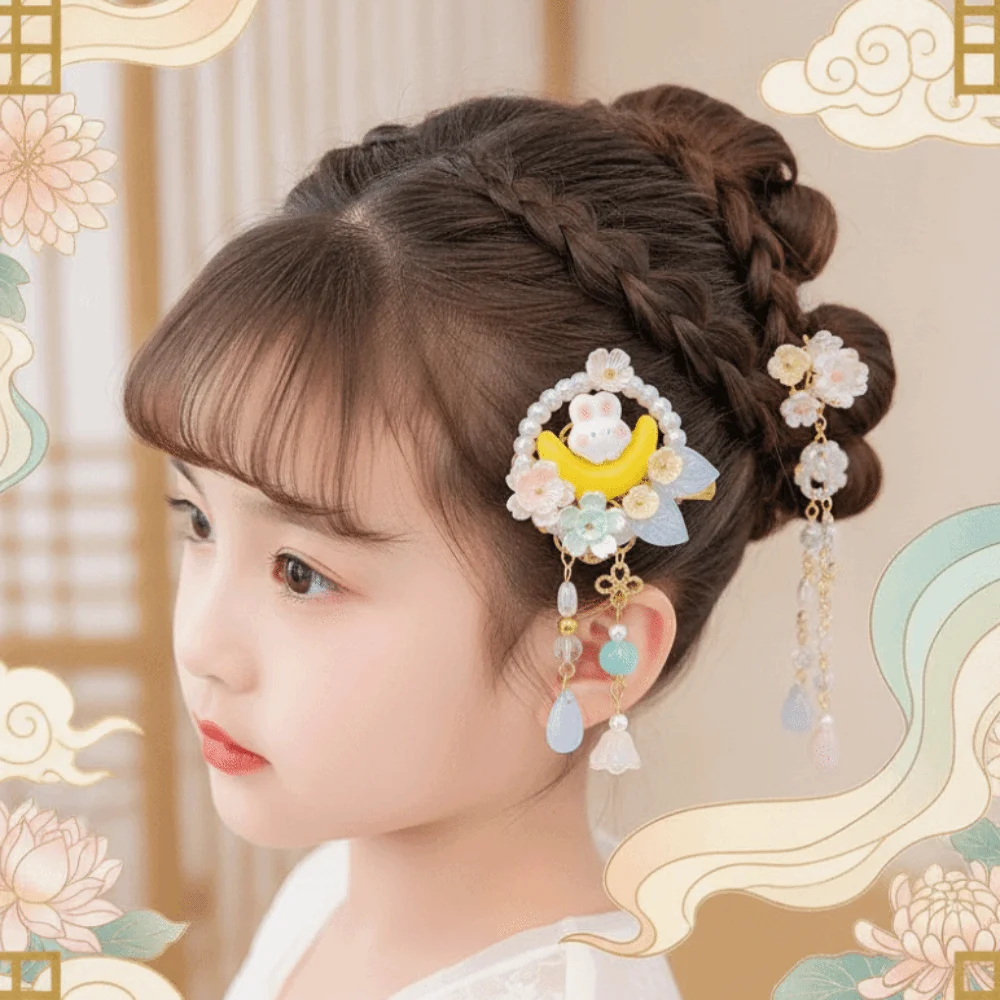 1 Pair Long Ribbon Hanfu Hair Clip Handmade Flower Flowing Tassel Rabbit Tassel Hairpin Metal Duckbill Clip Vibrant Colors