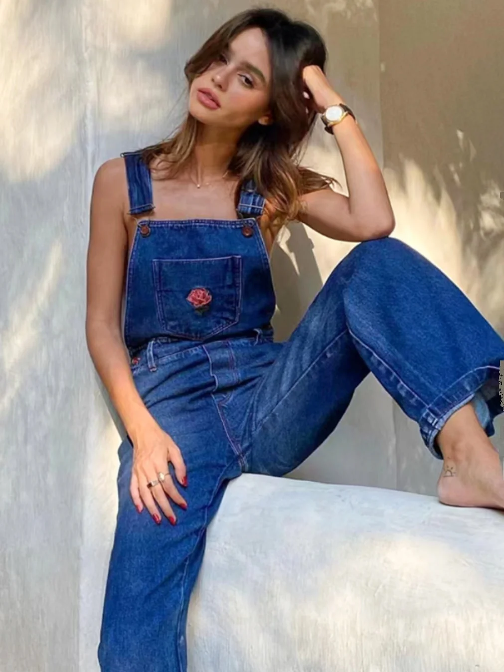 

Retro Rose Embroidery Cross Back Strap Denim Overalls High Waist Cotton Stretch Fabric Four Seasons Universal Workwear