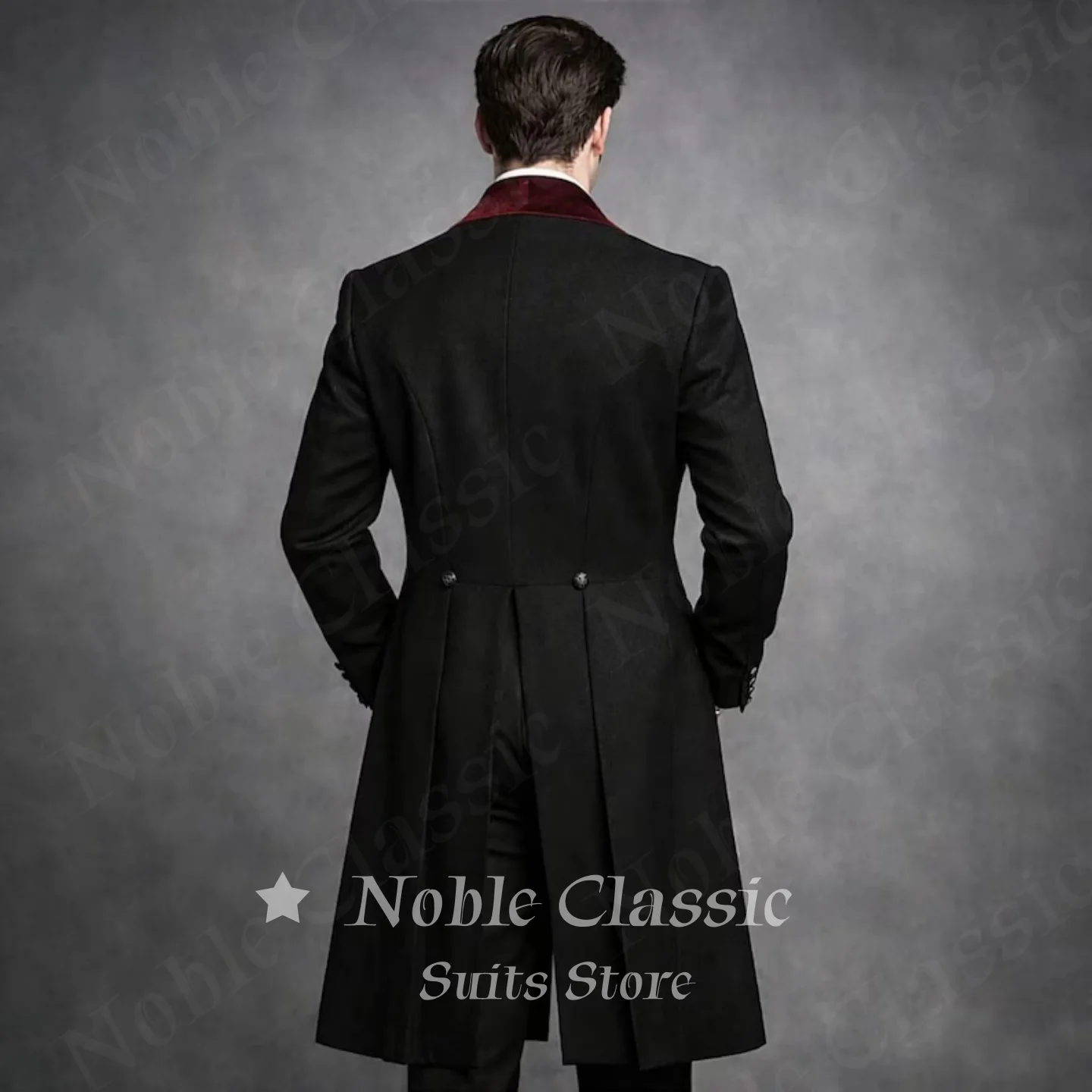 Men Black 3 Piece Suit Burgundy Velvet Shawl Lapel Long Victorian Tailcoat Waistcoat Pants Set Formal Wedding Guest Customized