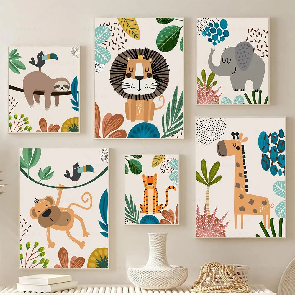 Boho Affe Löwe Giraffe Vogel Zebra Elefant Botanisches Kinderzimmer Poster Wand Kunstdruck Leinwand Malerei Baby Kinderzimmer Home Decor