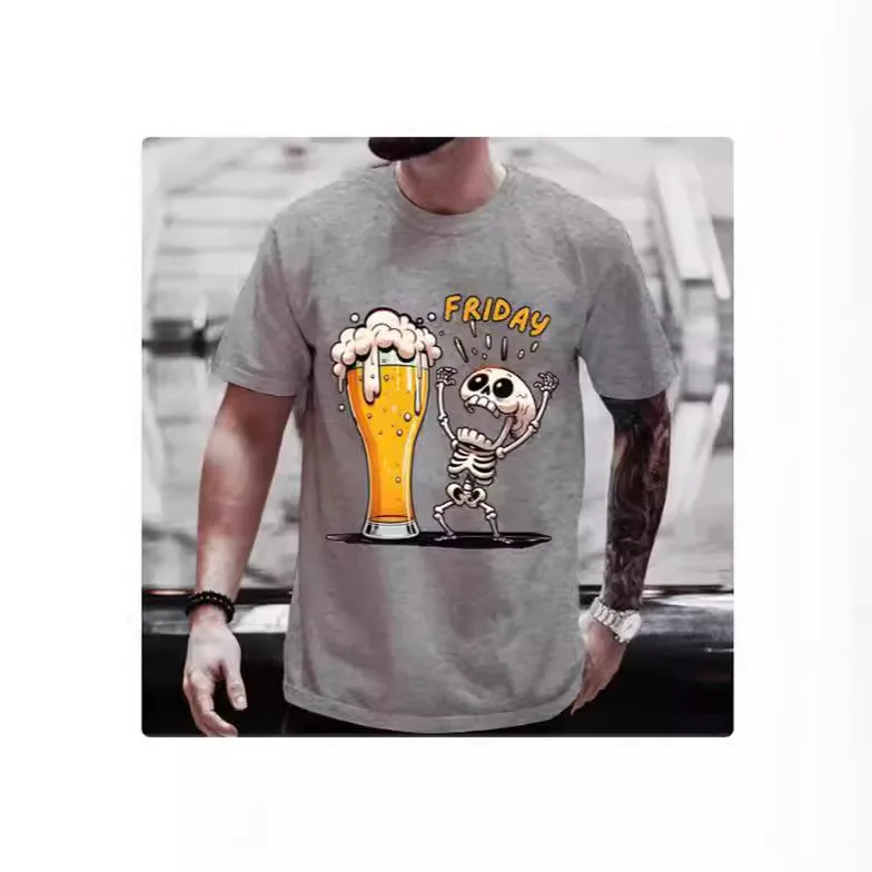

Men's short sleeved T-shirt skull black T-shirt beer enthusiast clothing 3D printed short sleeved shirt