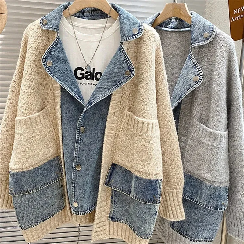 

Lazy Wind Knitted Stitching Denim Jacket Women's Spring Autumn 2024 New Coat Korean Hong Kong Style Retro Cardigan Female Tops