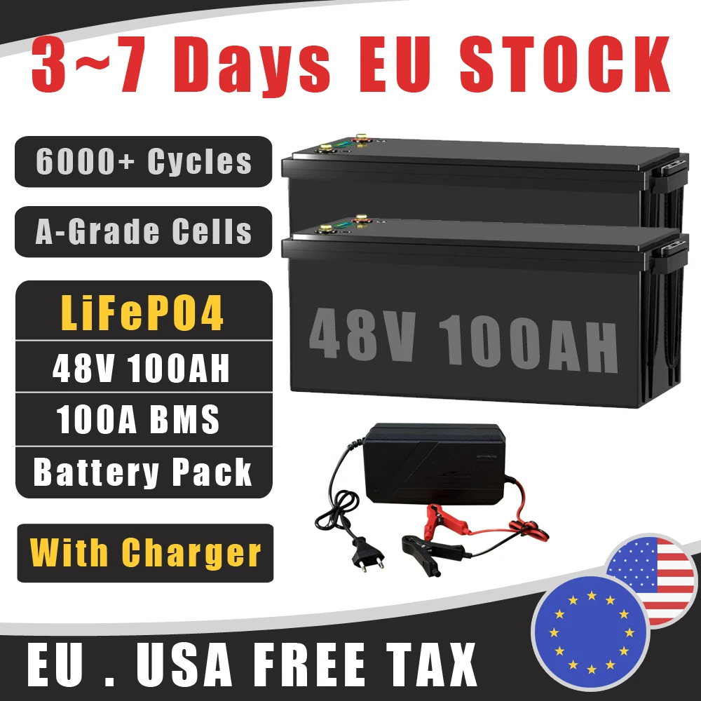 

48V 100Ah LiFePO4 Battery Pack 51.2V Lithium Iron Phosphate Built-in 100A BMS Charger For Solar Household Storage golf cart