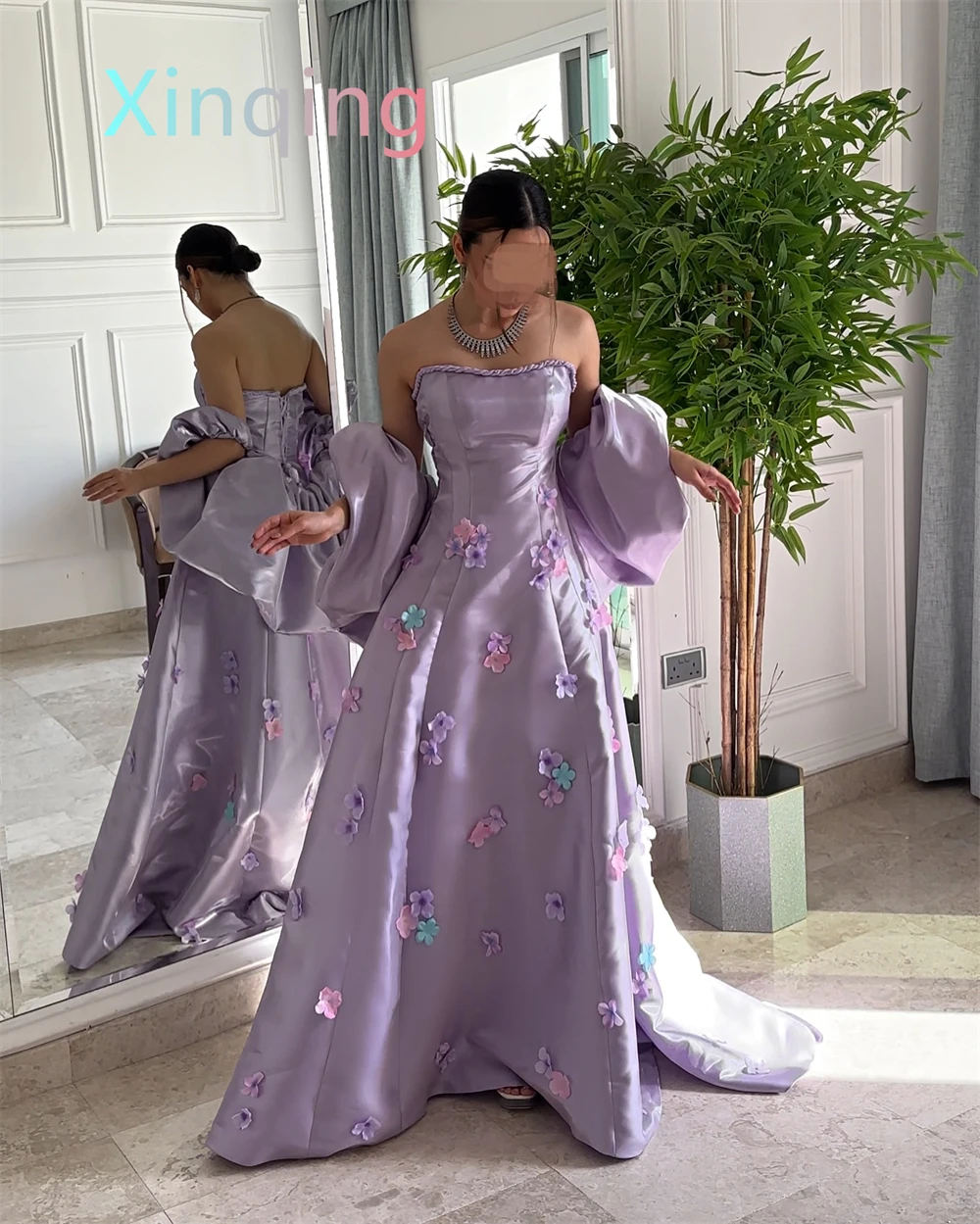 Customized  Exquisite Light Purple Satin Evening DressTemperament Strapless Sleeveless Prom Dress High Quality Celebrit image 3