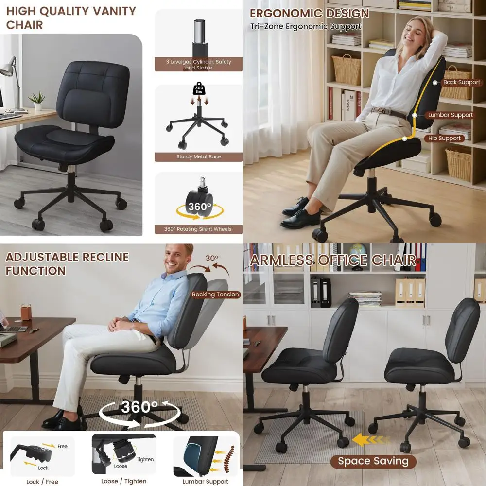 

Ergonomic PU Leather Swivel Chair with Wheels, Adjustable Height, Armless Desk Chair for Home Office, Small Spaces - Black