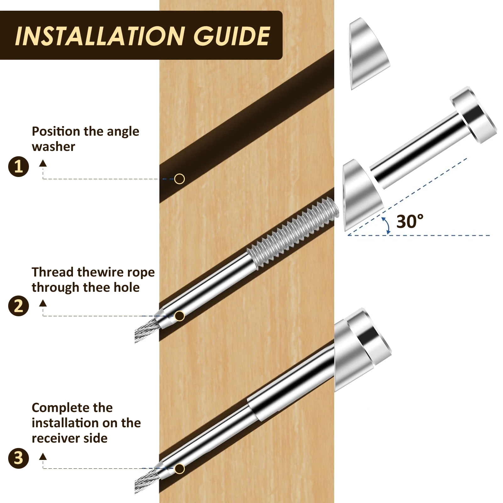 15Pcs Angle Beveled Washer 1/4inch ID Stainless Steel 30 Degree Angle Washers Invisible Cable Railing Hardware  For Cable Raili