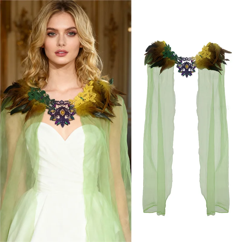 

The new carnival feather cape shawl with fur collar, tulle midi skirt, and diamond embellishments for ball party dressing.