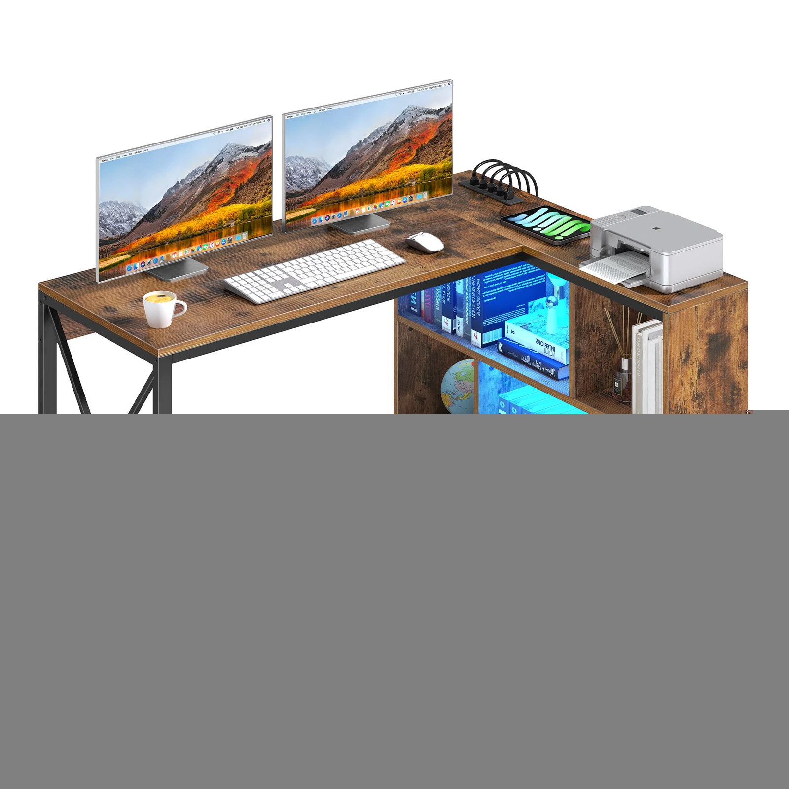 

LED Computer Desk L Shaped Office Table Open Shelf Storage w/ USB Power Outlet