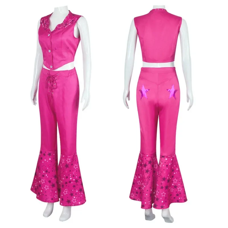 Movie Margot Robbie Barbe Cosplay Costume 70s 80s Hippie Disco Cowgirl Outfit Vest Flare Pants for Women Ladies Halloween Party