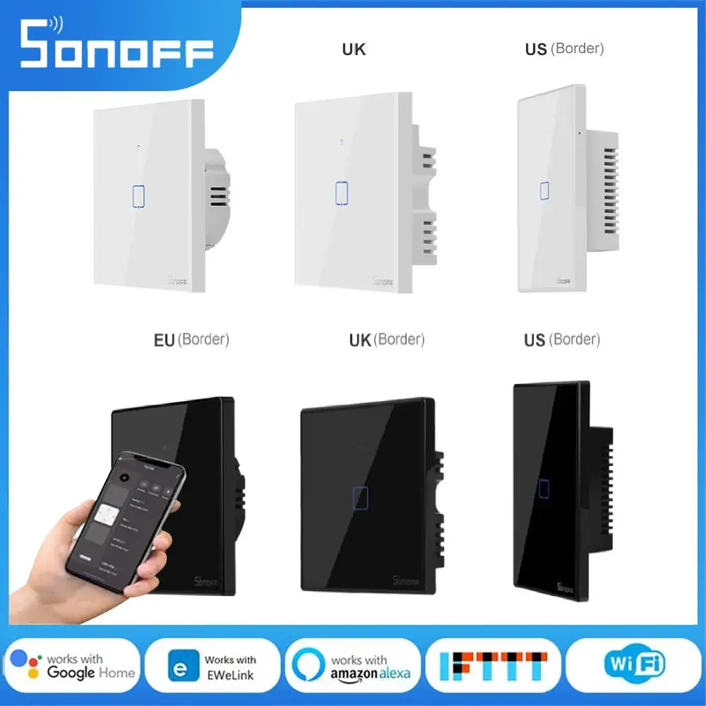 SONOFF T2 T3 WIFI Smart Light Switch EU US UK 1/2/3Gang Touch Wall Switches ESP Support Alexa Alice Smartthings RM433 Ewelink