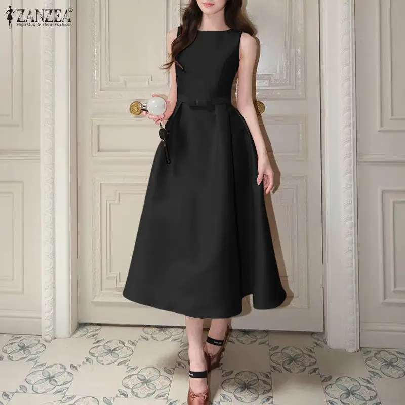 ZANZEA Abendkleider Damen Ärmellos Sexy Satin Elegant Party Langes Sommerkleid 2026 Sommer Schleife Hohe Taille Einfarbig Midi Vestidos