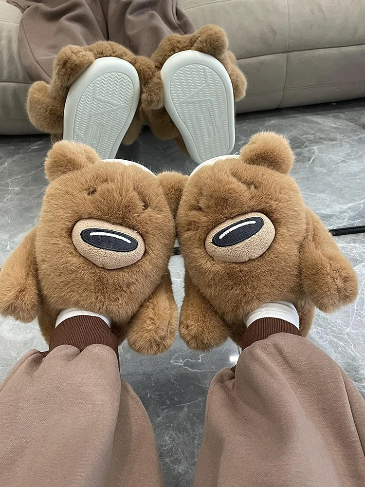 Embracing Bear Cotton Plush Slippers Women 2022 Winter Lovely Warm Woolen Man Couple Slippers Thick Soled Lovers Home Shoes