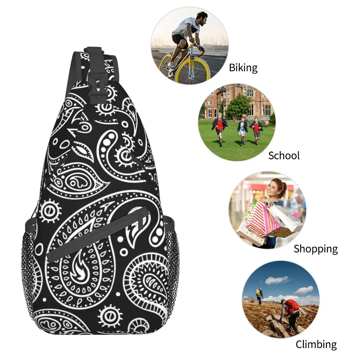 Bandana con patrón de cachemir, bandolera pequeña para el pecho, mochila de hombro, mochila de día para senderismo y ciclismo al aire libre