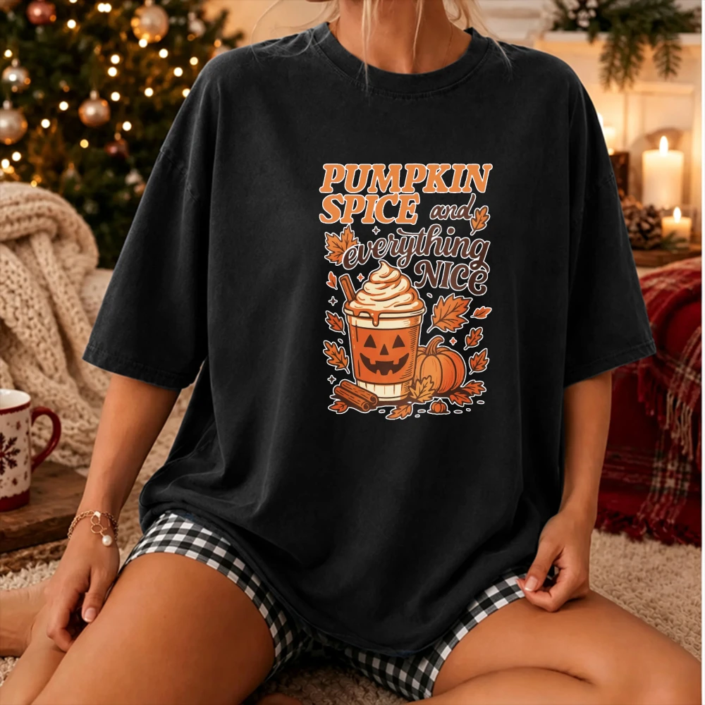 Pumpkin Spice and Everything Nice Graphic T‑Shirt Retro Pumpkin Latte Maple Leaf Cinnamon Fall Season Print Tees Casual Tops