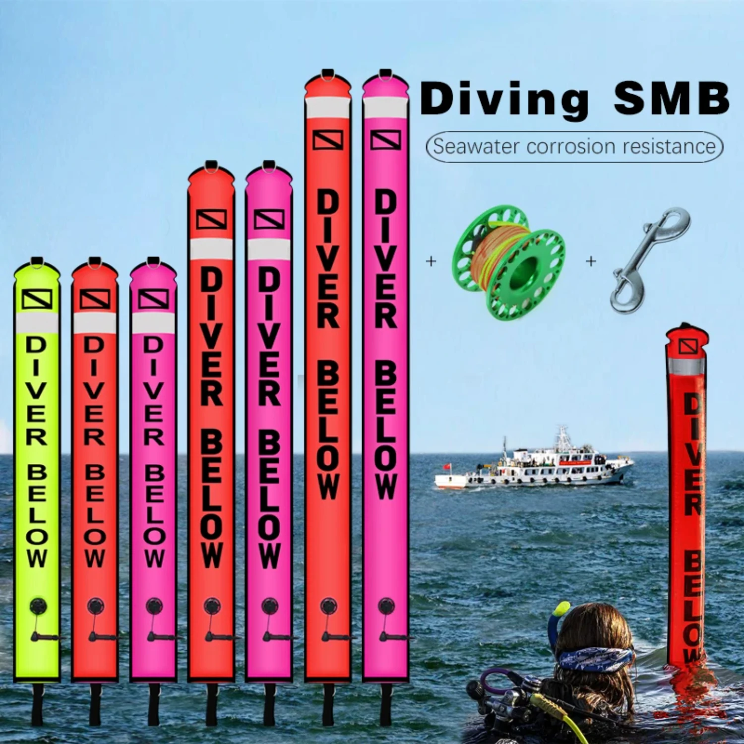 

Scuba Diving 1.2m 1.5m 1.8m Buoy Colorful Visibility Safety Inflatable Smb Safety Sausage Float Set Aluminum Spool Finger Reel