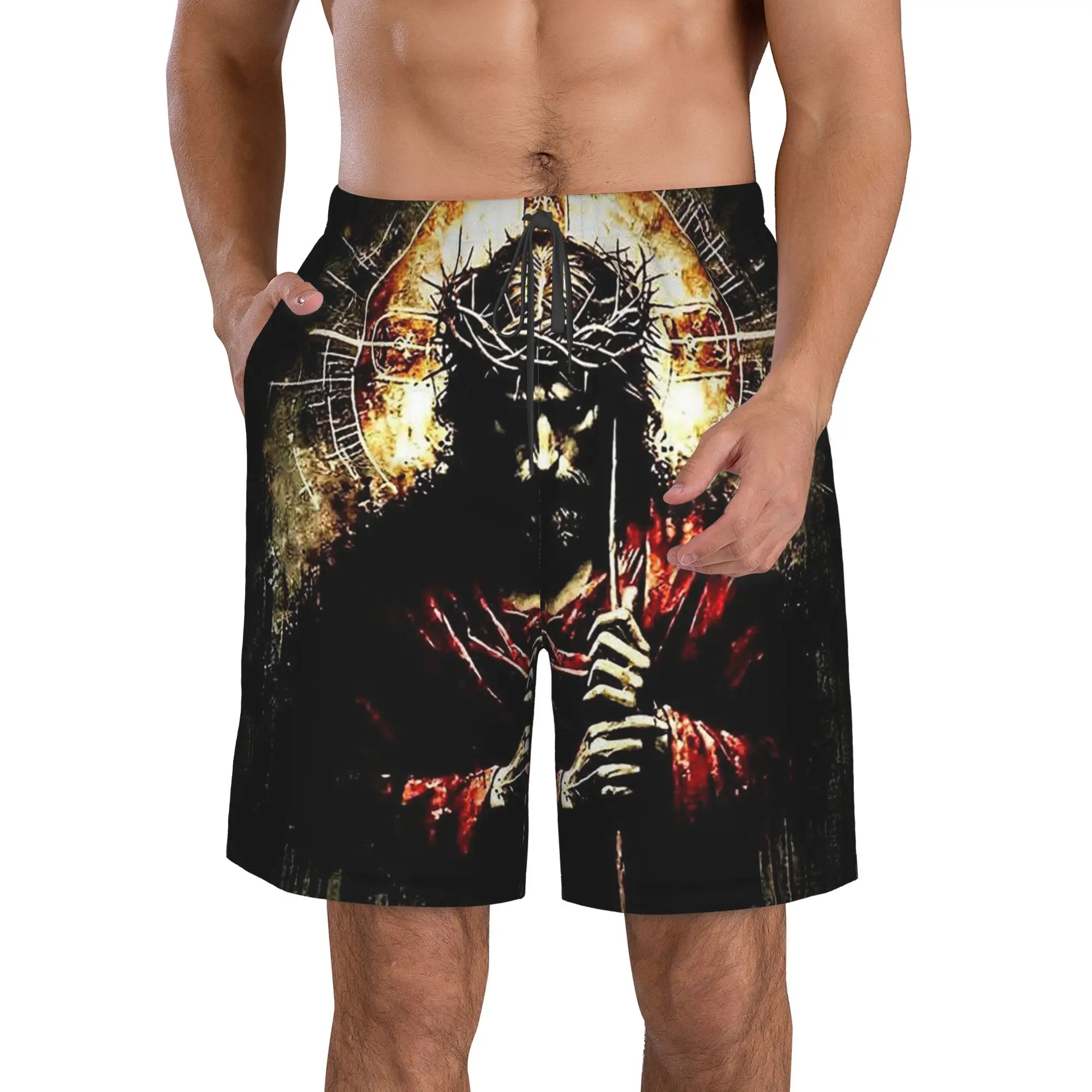 Jesus Christ and Christian Cross Dark Print Trunks Beach Board Shorts Casual Quick Dry Swimming Summer Men Pants