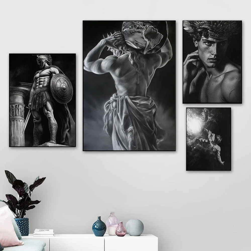 Atlas Greek Black and White Mythology Male Statue Art Poster Canvas Print Bar Home Living Room Wall Decor Painting Frameless