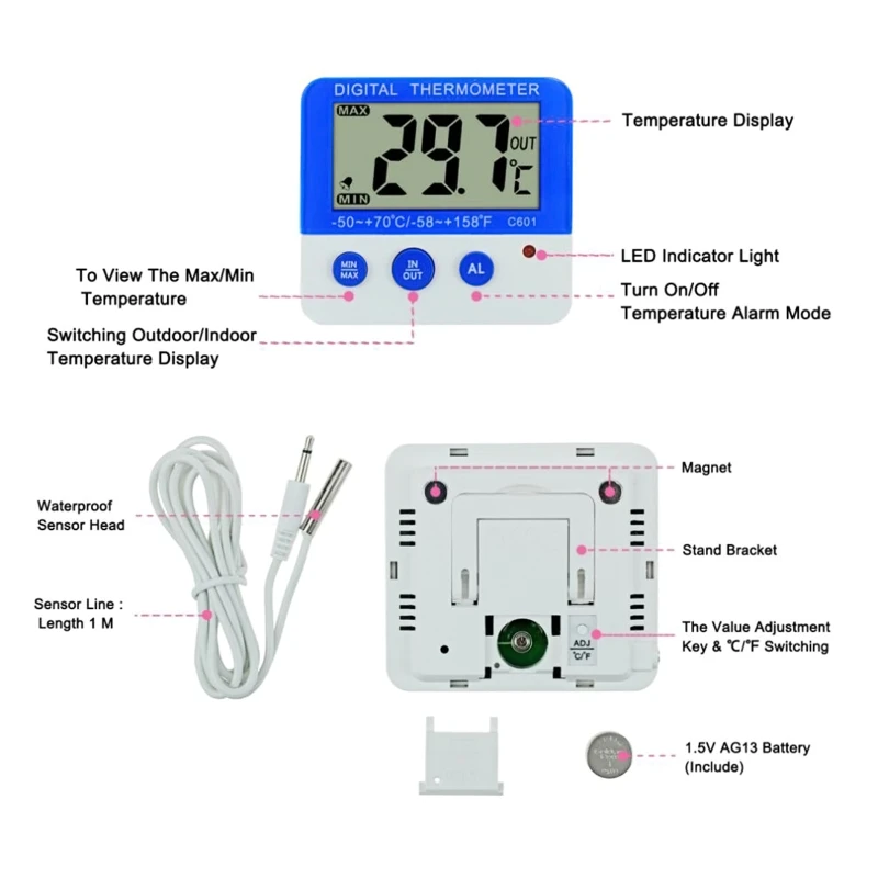 Termometer Kulkas Digital dengan Termometer Ruang Freezer Probe, Termometer Alarm Kulkas Presisi Tinggi Layar LCD