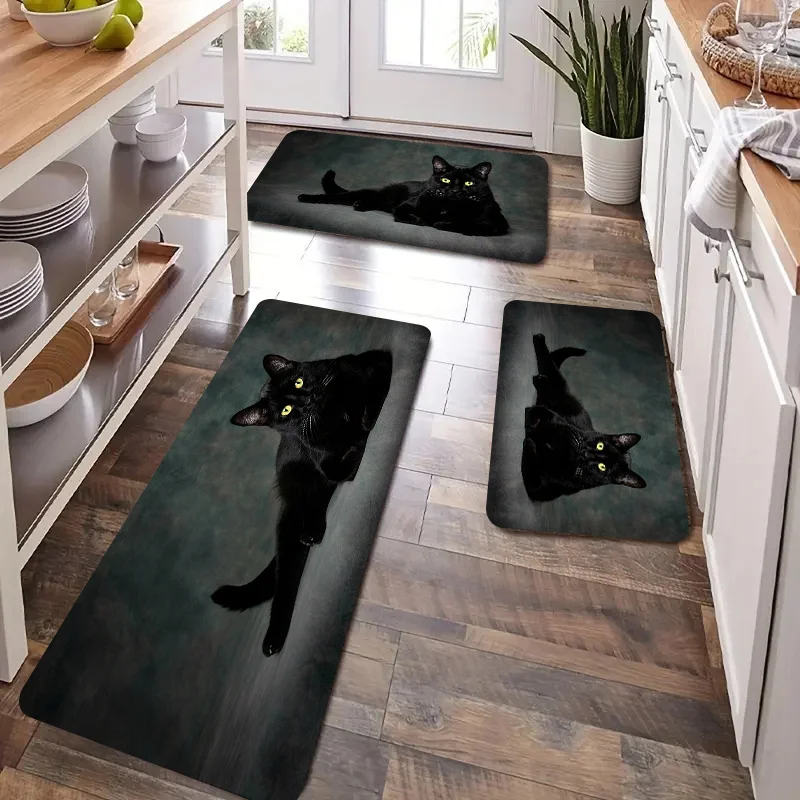 VIKAMA Ensemble de tapis de cuisine antidérapants motif chat noir gothique sombre pour la décoration de la chambre et du salon