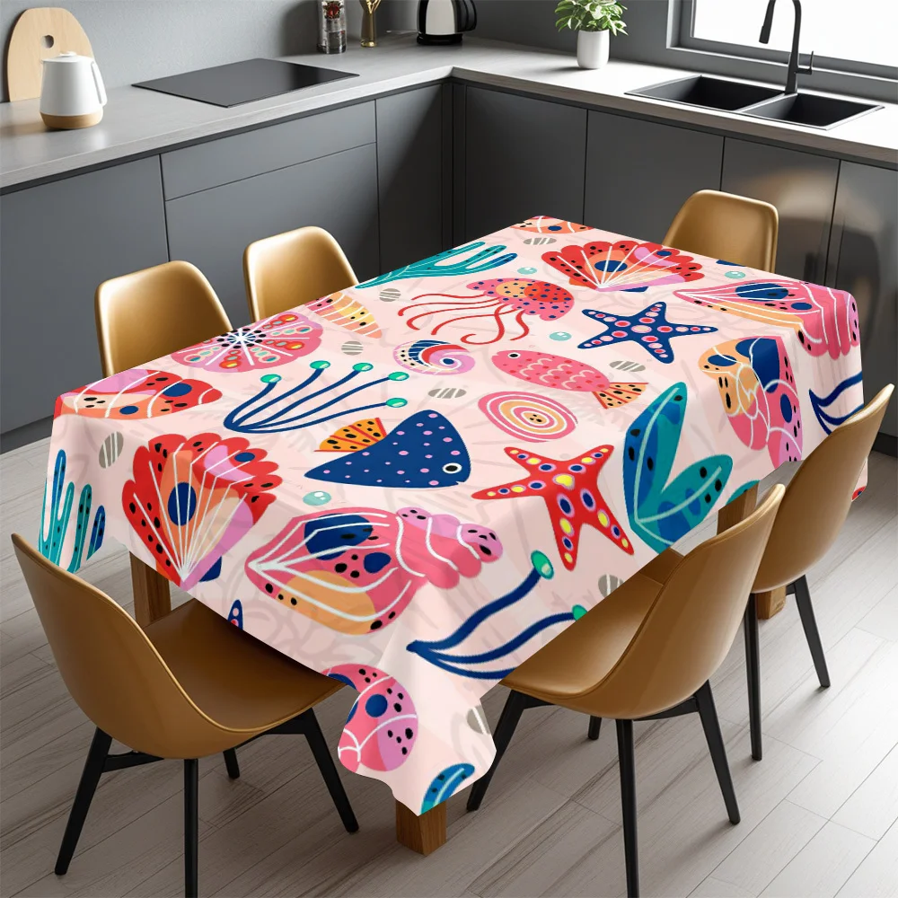 Vibrant Watercolor Ocean Life Tablecloth for Dining Room Beach Party Decor Waterproof Spill Proof Table Cover