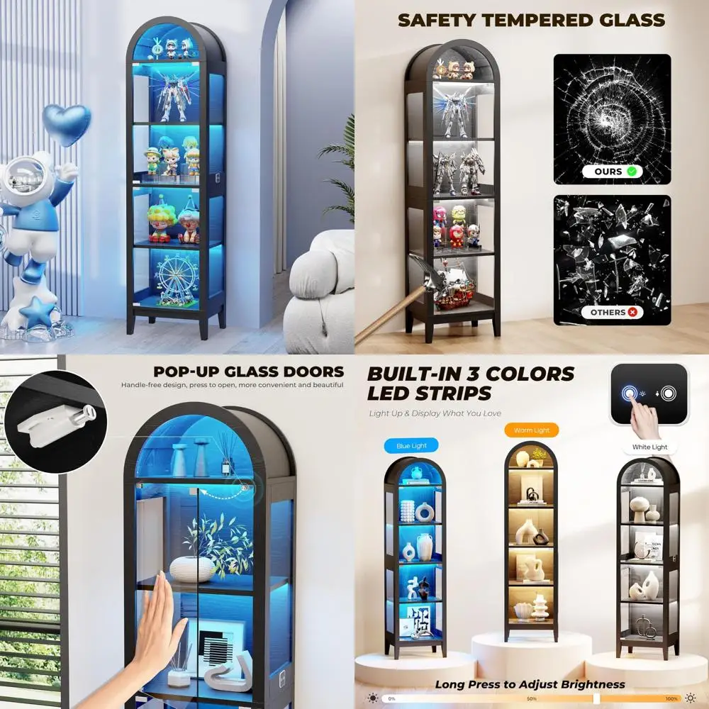 

71-Inch Tall Glass-Doored Display Cabinet with LED Lighting for Collectibles, Books, and 5-Tier Showcase