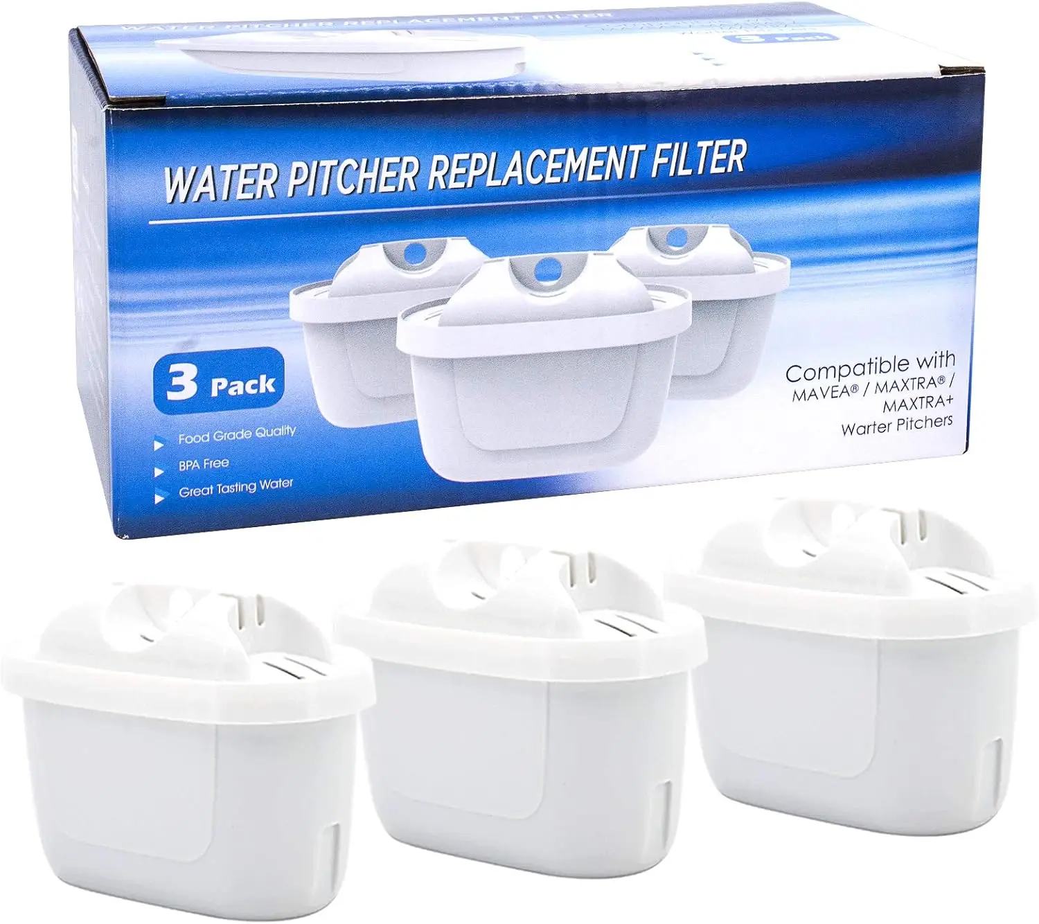 

Replacement Water Filter Cartridges for Mavea 1001122, Maxtra & LEVOIT Pitchers, 3-Pack, Lead & Arsenic Removal