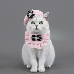 Knitted Woolen Flower Bud Hat Bow Lace Bib Pet Cat Dog Accessory Set Dog Bandana Pet Accessories Dog Accessories