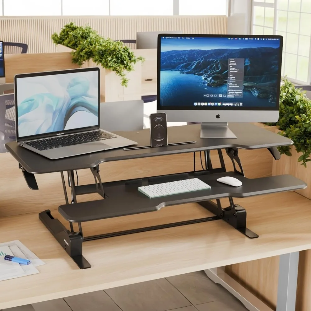 Adjustable Height Standing Desk Converter, Large Wide Desk Riser with Gas Spring for Sit-Stand Desk Setup