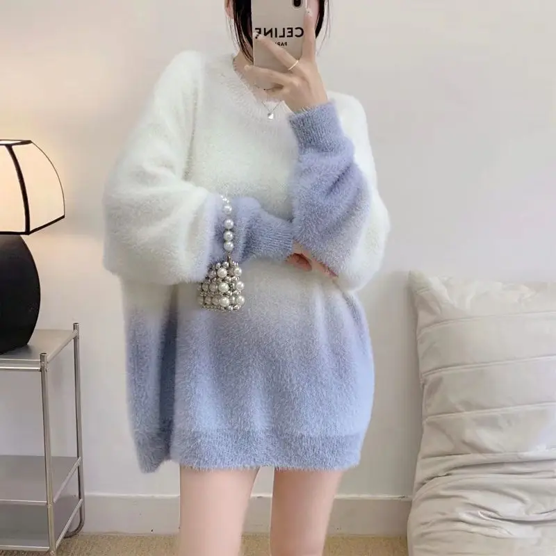 2024 Women Autumn Fashion Contrast Half Color Pullovers Female O-neck Sweater Tops Ladies Loose Long Sleeve Knit Tops