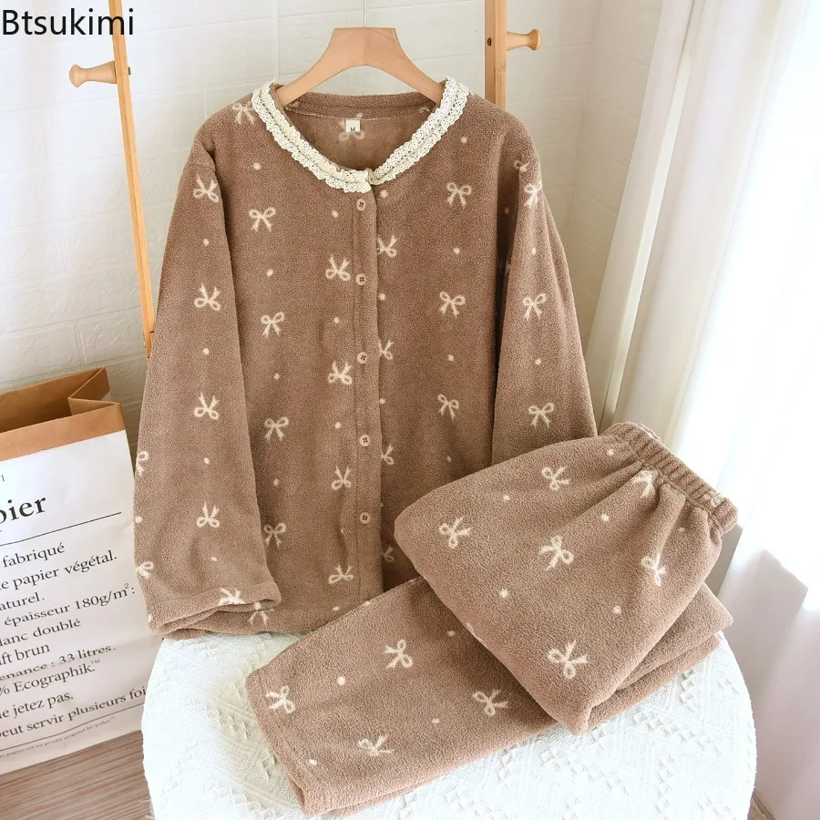 

Women's Winter Thickened Flannel Home Clothes Floral Two-Piece Pajamas New Autumn Sleepwear Soft Long Sleeve Pyjama Set Ladies