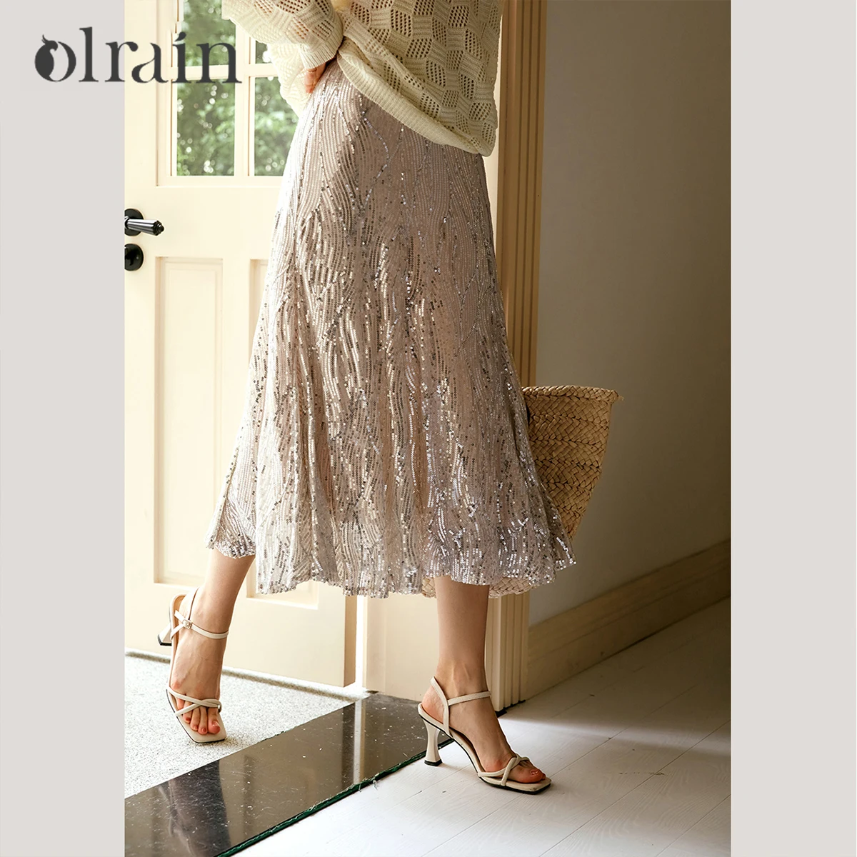 

OLrain Long Skirt Women Mermaid Hem Autumn 2025 French Style High Waist A-line Sequin Female Skirts Woman Clothes M56QB90213