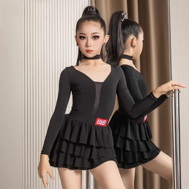Costumes de danse latine pour enfants, body à manches longues et jupes de gâteau d'entraînement, vêtements de danse Rumba pour salle de bal