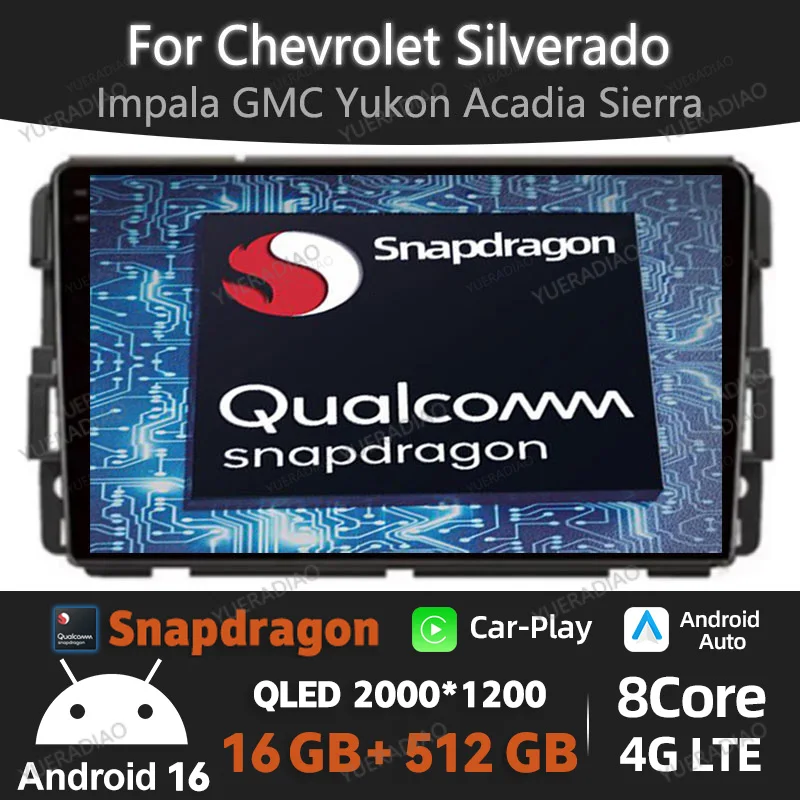 Radio para Auto Android 16 para Chevrolet Silverado Impala GMC Yukon Acadia Sierra, Reproductor Multimedia con Carplay, GPS, 4G, WIFI, QLED