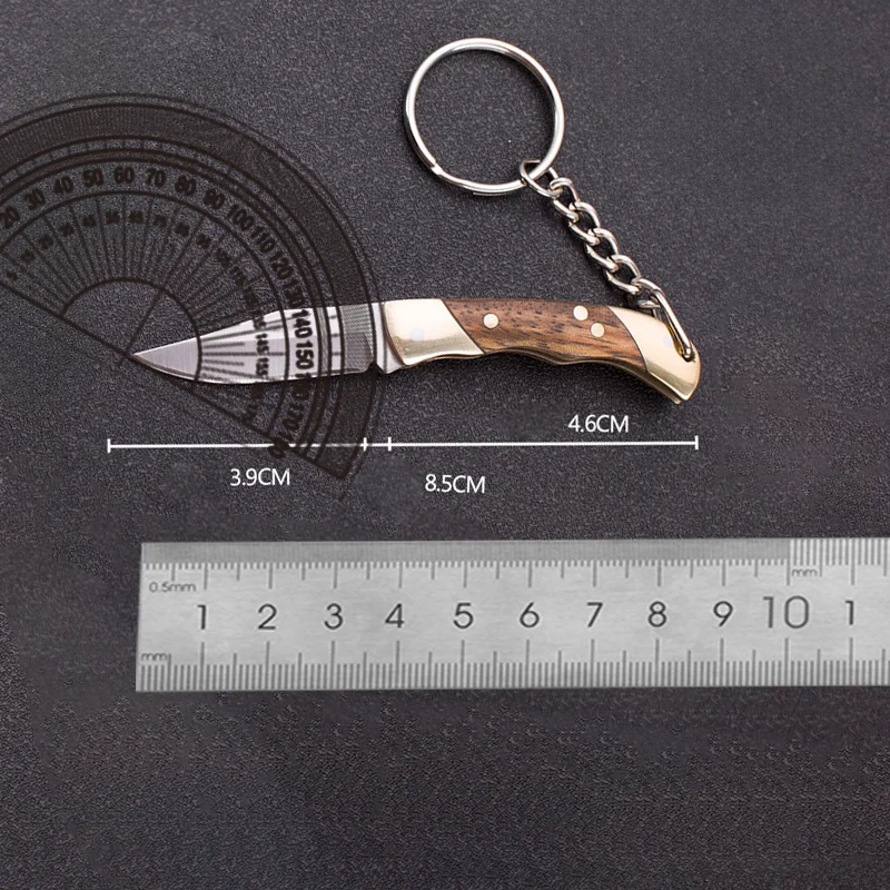 Outdoor camping pocket knife, self-defense knife, open package mini knife, colorful wooden handle, portable key chain pendant