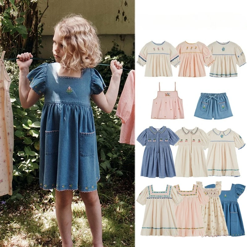 2026 New Children's Dress Summer EM Girls' Heavy Industry Embroidered Flower Flying Sleeve Cowboy Skirt